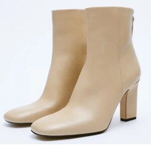 ZARA Tan Leather Back Zip Square Toe Heeled Ankle Boot EU 40 / US 9-9.5 EUC